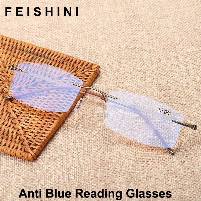 Feishini анти Синие лучи тонированные линзы компьютерные очки для чтения без оправы мужские из нержавеющей стали диоптрий пресбиопические очки для женщин