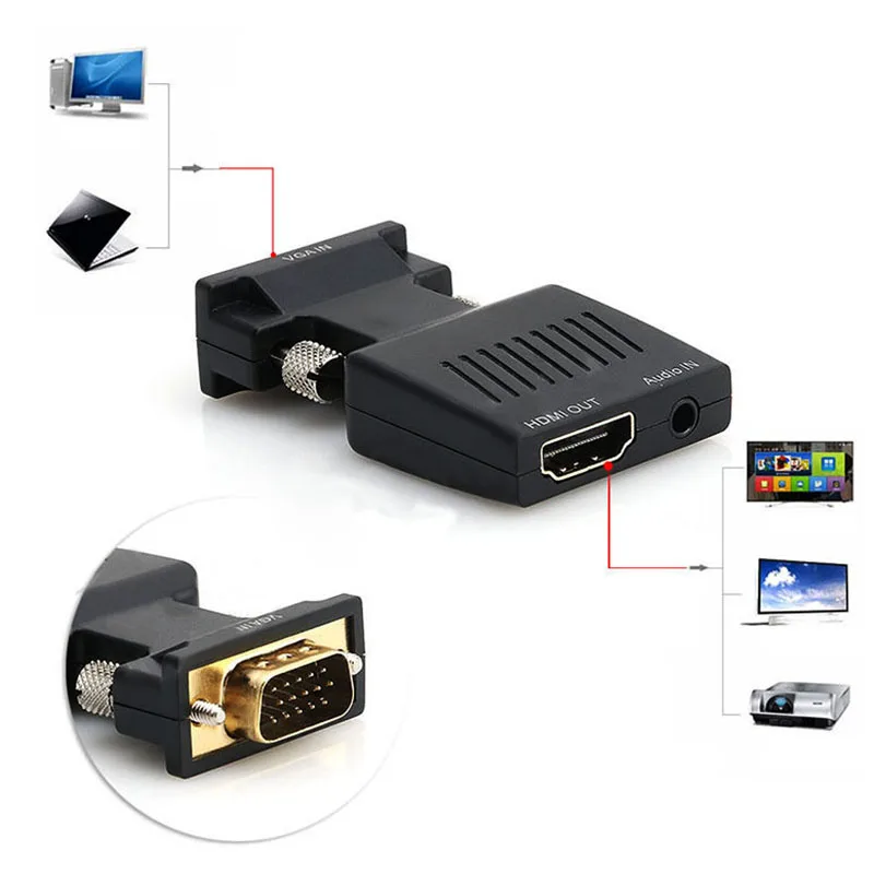 1080P VGA to HDMI Converter Adapter Box Audio Port VGA Extension Cable