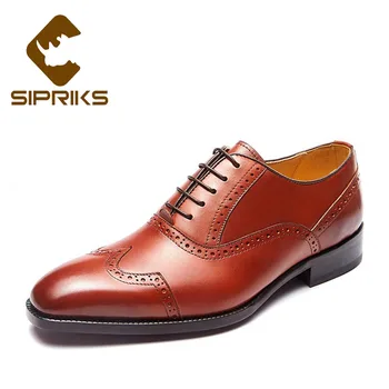 

Sipriks Genuine Calf Leather Wingtip Shoes Boss Men Sewing Welted Shoes Leather Sole Brown Black Retro Brogue Oxfords Gents 45