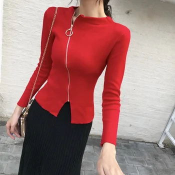 

Women knitted Cardigan Sweater Female Front Ring Zipper Sweaters Knitwear Tops For Girls JJ5661