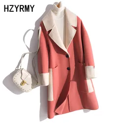 Hzyrmy Otoño Nueva Mujer Abrigo de Lana de Cachemira Suelto con Cuello en V Empalme Largo de Moda de Invierno de Doble Cara Tejido de Lana Cálido Abrigo Femenino Hzyrmy Otoño Nueva Mujer Abrigo de Lana de Cachemira Suelto con Cuello en V Empalme Largo de Moda de Invierno de Doble Cara Tejido de Lana Cálido Abrigo Femenino