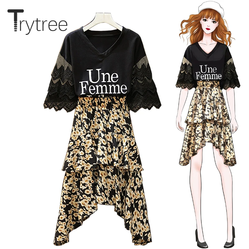 

Trytree Summer Women two piece set Casual V-neck Lace Flare Sleeve Top + Skirt Leopard Ruffles Knee-Length Suit Set 2 Piece Set