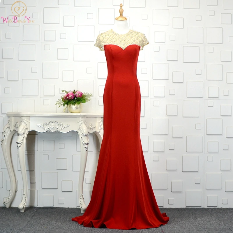 

Red Evening Dresses Gold Beaded Jersey Mermaid Long Cap Short Sleeves Sweep Train O Neck Prom Gowns Navy Blue Walk Beside You