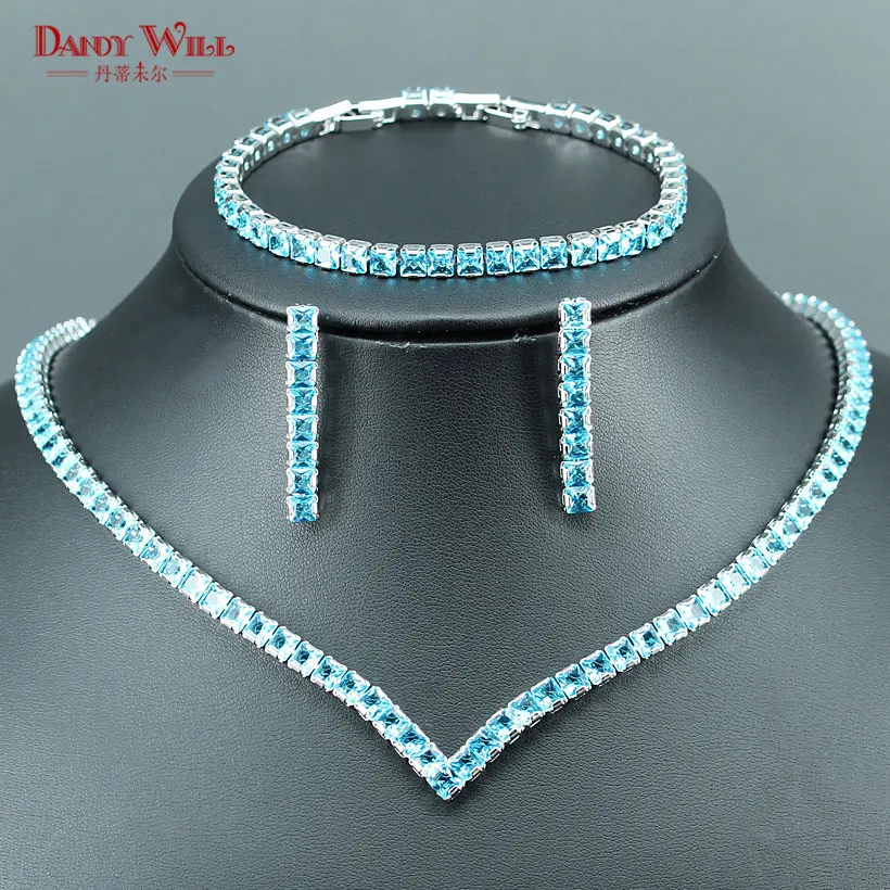 

DANDY WILL Luxury Bridal Jewelry Sets For Women Wedding Sky Blue CZ Handmade Rhinestone Silver Color Necklace/Earrings