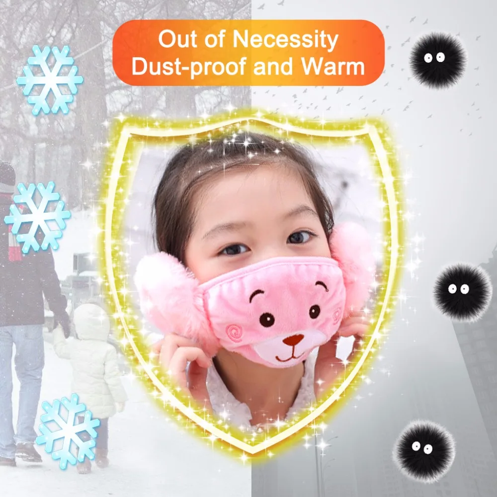 Winter Plush Mouth-Masks For Children Earloop Face-Mouth Mask Warm And Dustproof Pink Cartoon Bear Pattern (6)