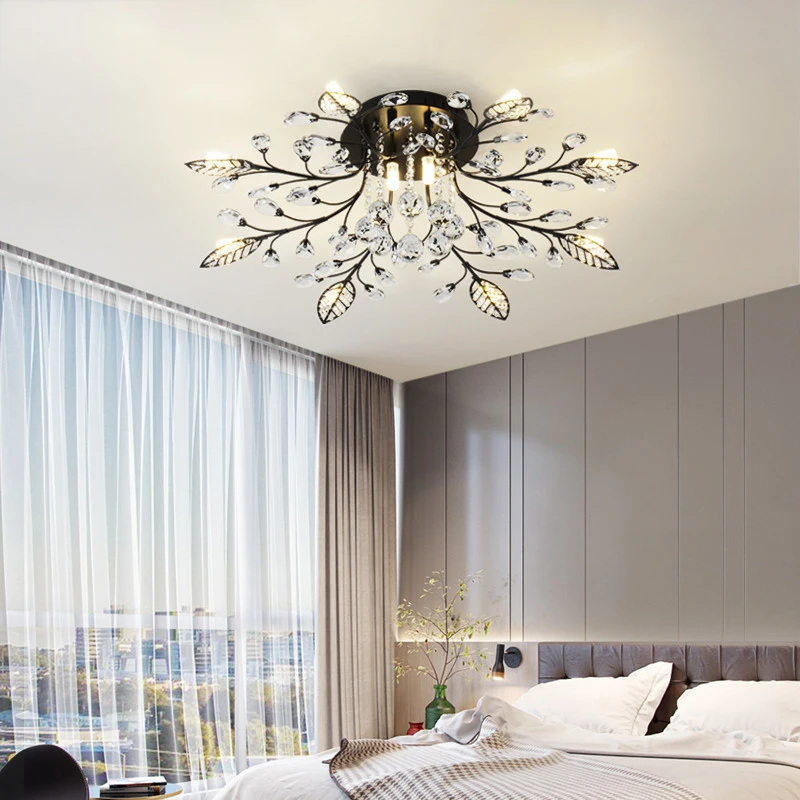 

Modern LED Ceiling Light Iron Crystal Home Decoration Luxury Interior Lamps Novelty Lighting Fixture for Living Room Black Leaf