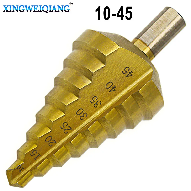 10 45mm Large Size Tri Flat Shank HSS Titanium Coated Cone Step Drill