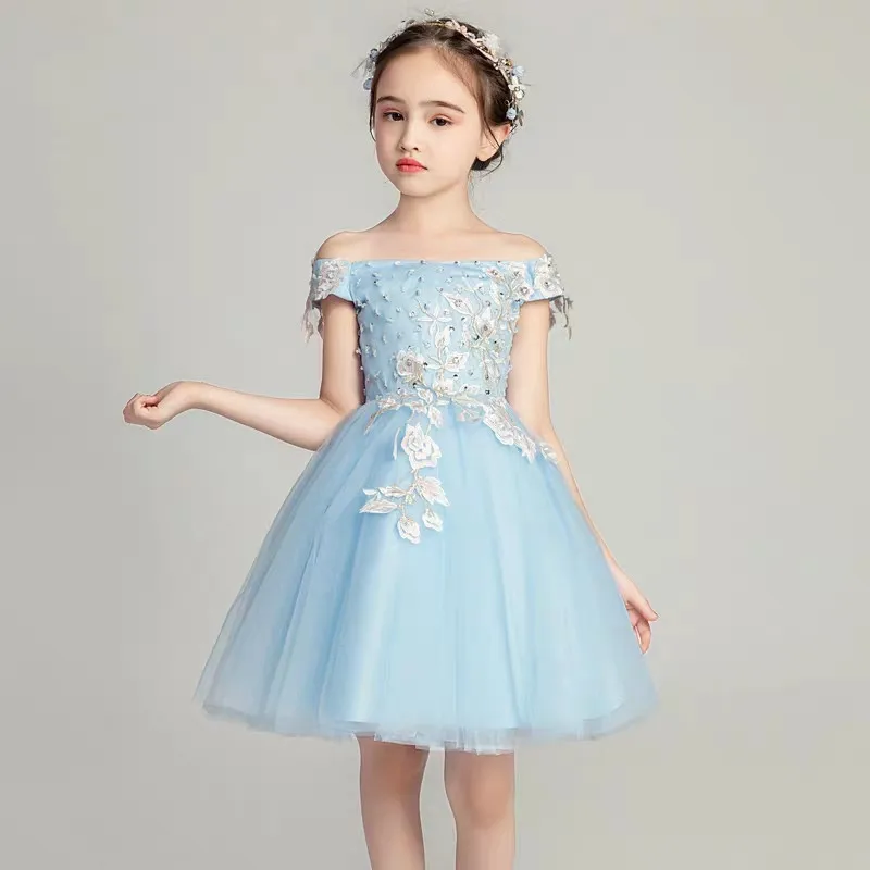

Little Girls Baby Elegant Shoulderless Evening Party Birthday Princess Mesh Dress Teens Infant Nice Appliques Flowers Prom Dress