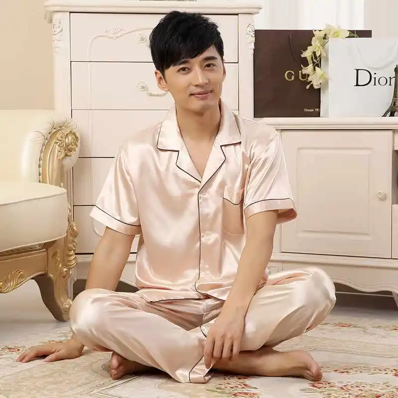 New Arrival Summer Men or Women Casual High Faux silk tops and Pants sets lounge Homewear Sleepwear Set Men's Pajama sets 011