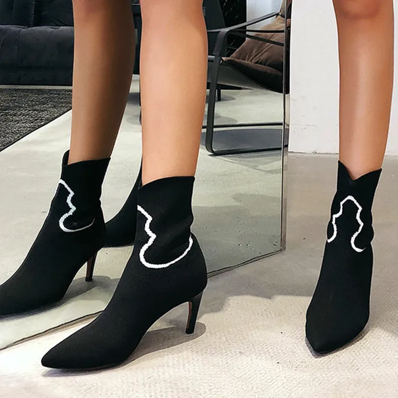 

Thin Heels Stiletto Knitting Women Boots Slip-on Sexy Runway Shoes Woman Solid Dress Sort Booties Party Zapatos De Mujer Botas