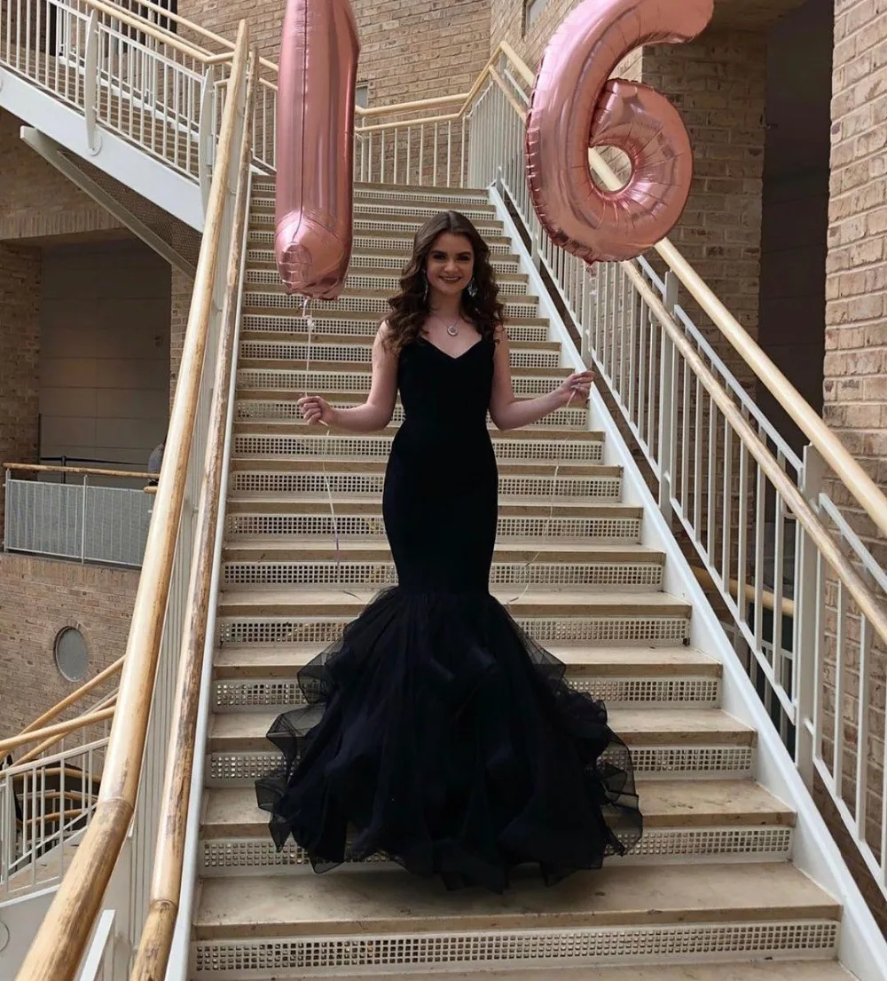

Black Long Mermaid Quinceanera Dress Sexy V Neck Floor Length Ruffles Tulle Sweet 16 Dresses Modest Simple Gown For 15 Birthday