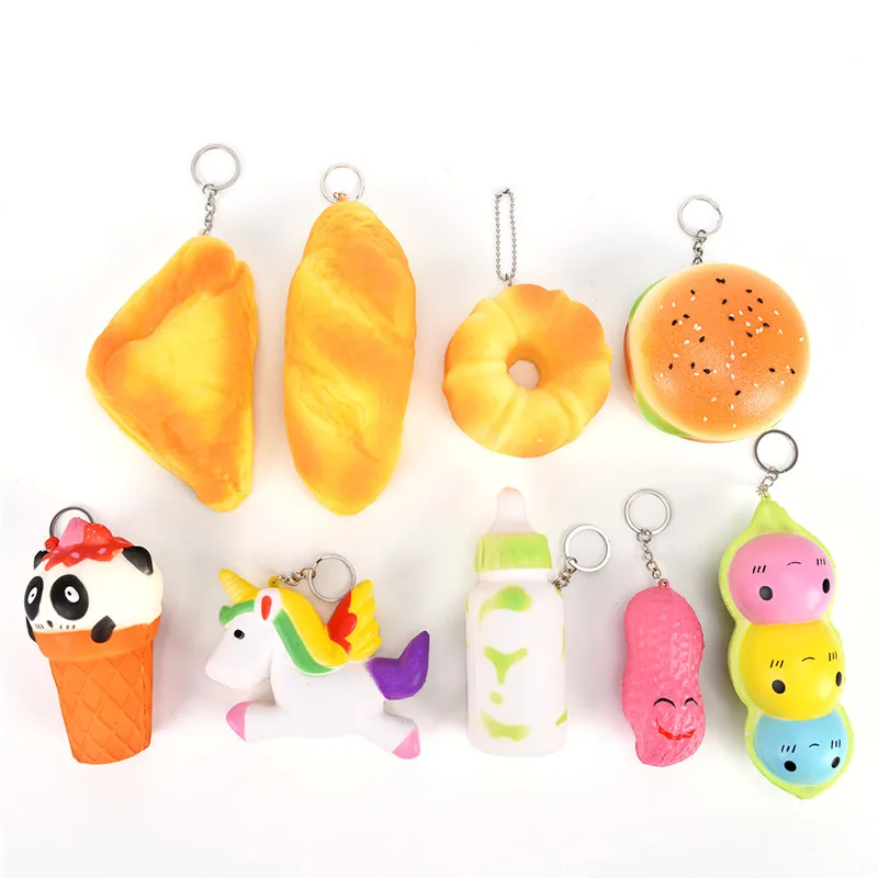 Ice cream Panda Unicorn Squishy Soft Slow Rising Squeeze Animal cake Doughnut Kids Toys Funny Key Chain Milk bottle bread Charm