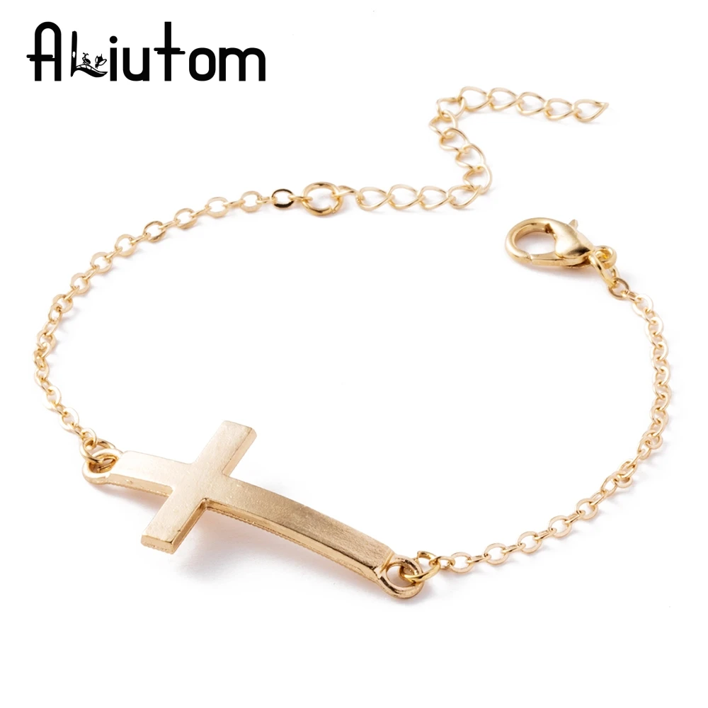 

ALIUTOM Jesus Christian Womens Mens Horizontal Sideways Cross Bracelets Silver Religious Trendy Chain Bracelet Lucky