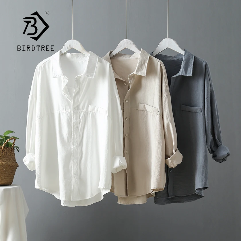 

New Arrival Women Solid Oversize White Blouse Batwing Sleeve Pockets Long Shirt Turn-Down Collar Casual Top T96605F