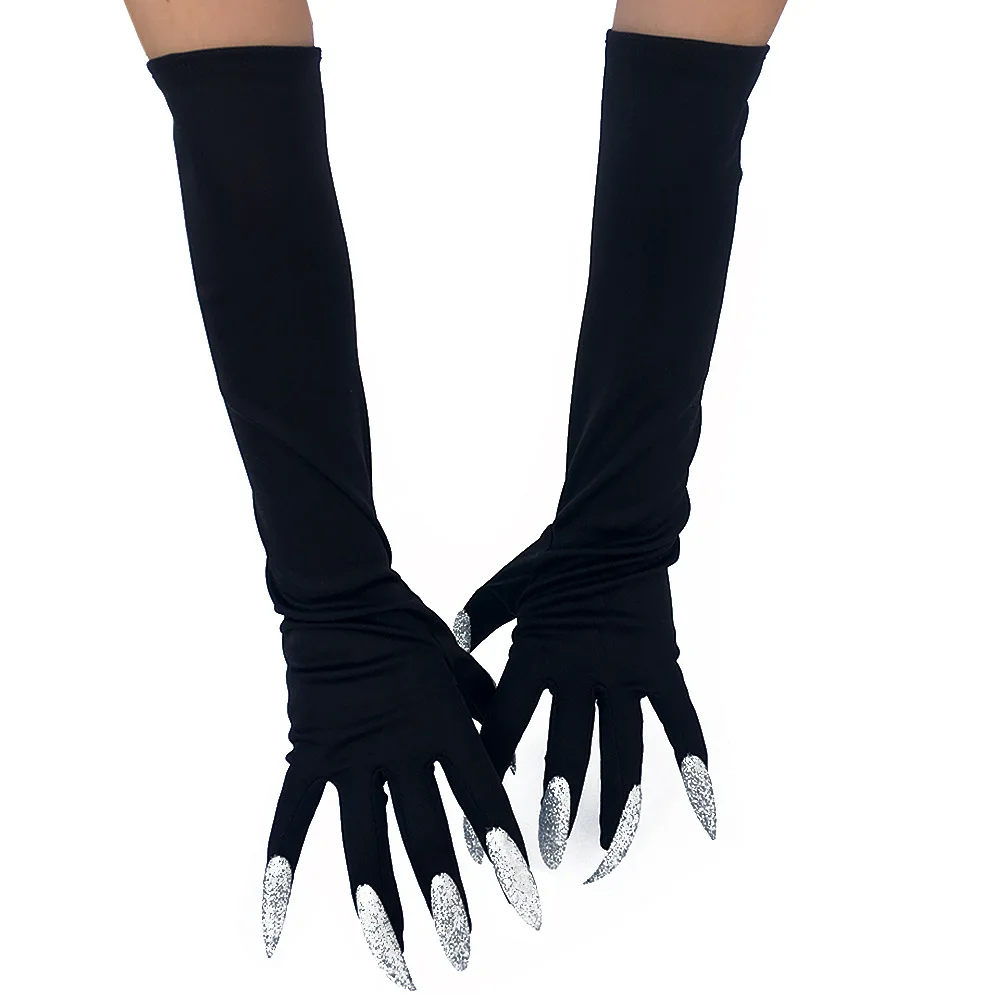 Новинка 1 пара холлоуин с блестками Длинные прибитые перчатки в виде рук привидения Косплей коготь перчатки полный палец Черные Вечерние перчатки готический панк-перчатки