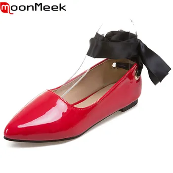

MoonMeek 2020 spring autumn new arrive women flats solid color pointed toe lace up patent leather comfortable college style