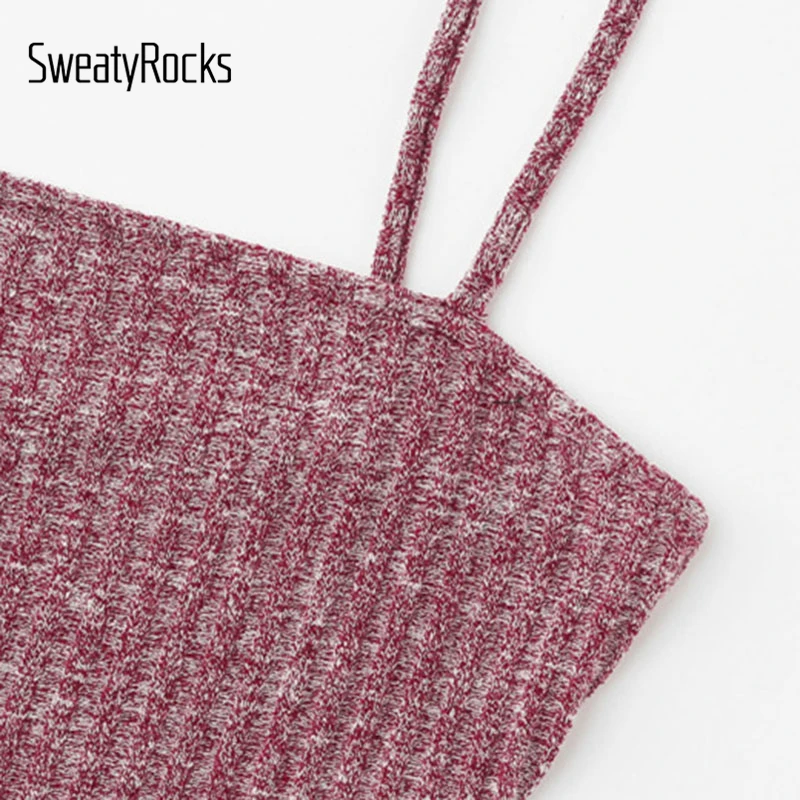 SweatyRocks Rib Knit Marled Cami Top бордовый Повседневный простой женский топ с бретельками Slim Fit Crop Camisole