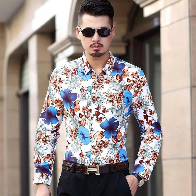 

Long sleeve Shirt Men's Clothing Slim Camisa masculina Floral Hawaiian Blouse Men Casual Floral Shirts Men Blue Red