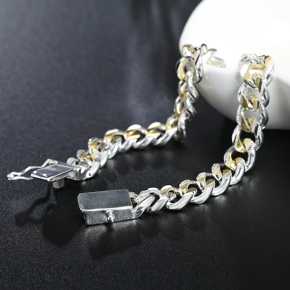Акция, 925 серебряные браслеты для мужчин, штампованные 925 и золотые звенья цепи, квадратная застежка, женский браслет, браслет, ювелирные изделия