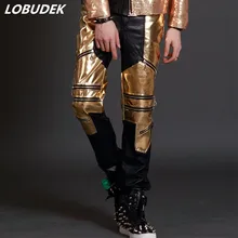 Ночной клуб хип-хоп Рок мужской певец костюм из искусственной кожи Брюки золотые черные крутые длинные штаны в стиле панк бар концертный DJ сценические брюки
