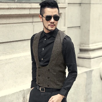 

England style Mens woolen slim new winter suit vest men grey business casual retro solid brand design waistcoat vest