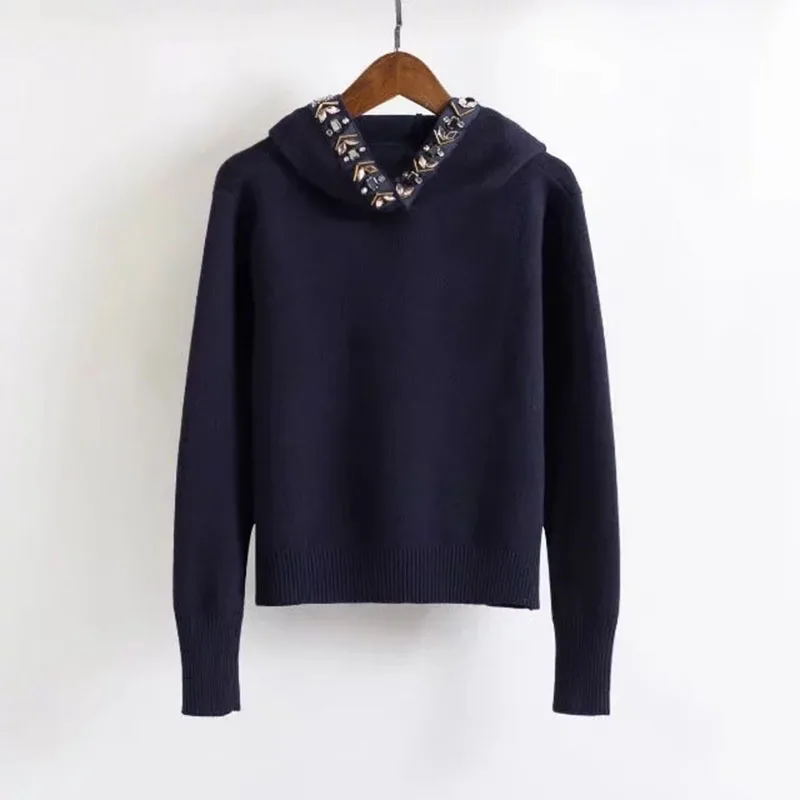 

Fashion Beading Hooded Knitted Pullover Sweater Women Jumper Jersey Mujer Invierno Pull Femme Hiver