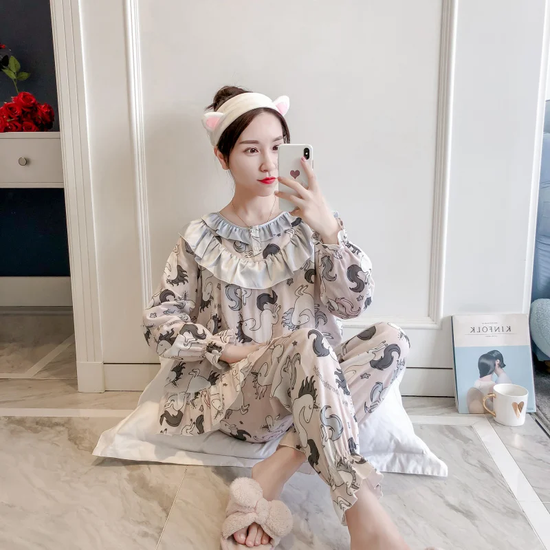 Принцесса сладкий Лолита пижамы единорог корейской версии чистого хлопка листьев лотоса сбоку женские милые пижамы японский MHH NK094
