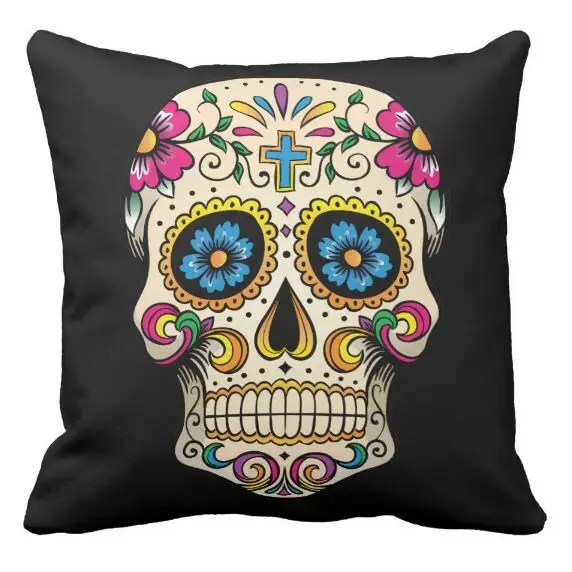 Black Mexican Skull Cushion Cover Day of The Dead Sugar Skull Throw