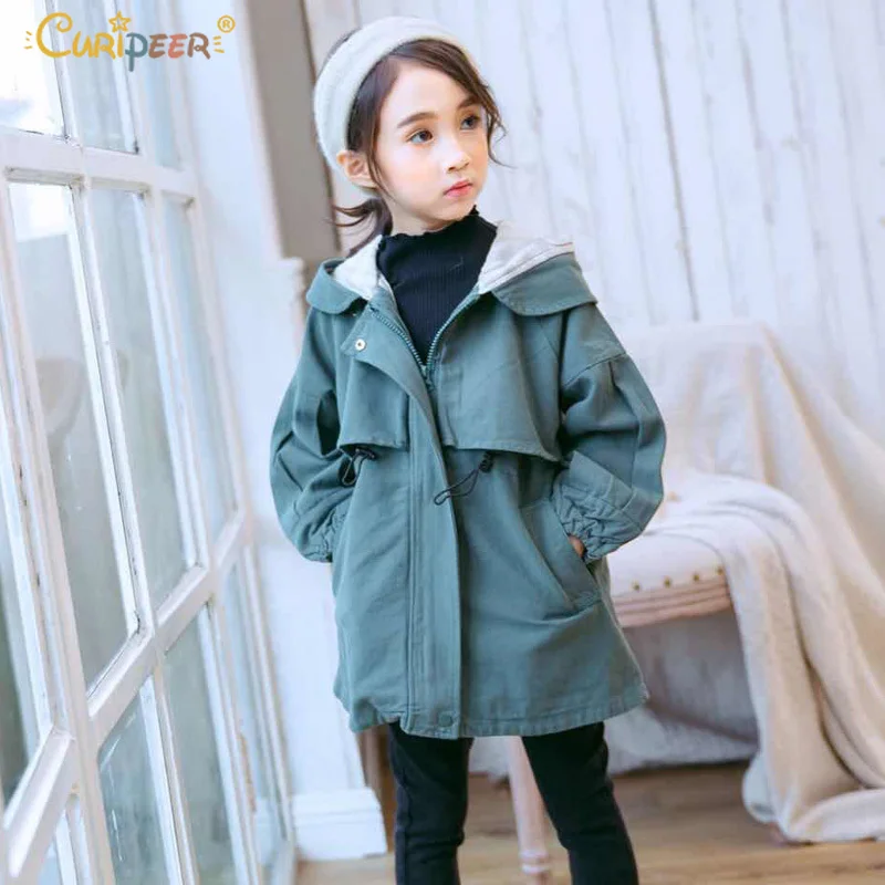

2018 Spring Girls Hooded Trench Coat Bowknot Fashion Children Windbreaker Long Coat Thick Girl Clothes with Packet