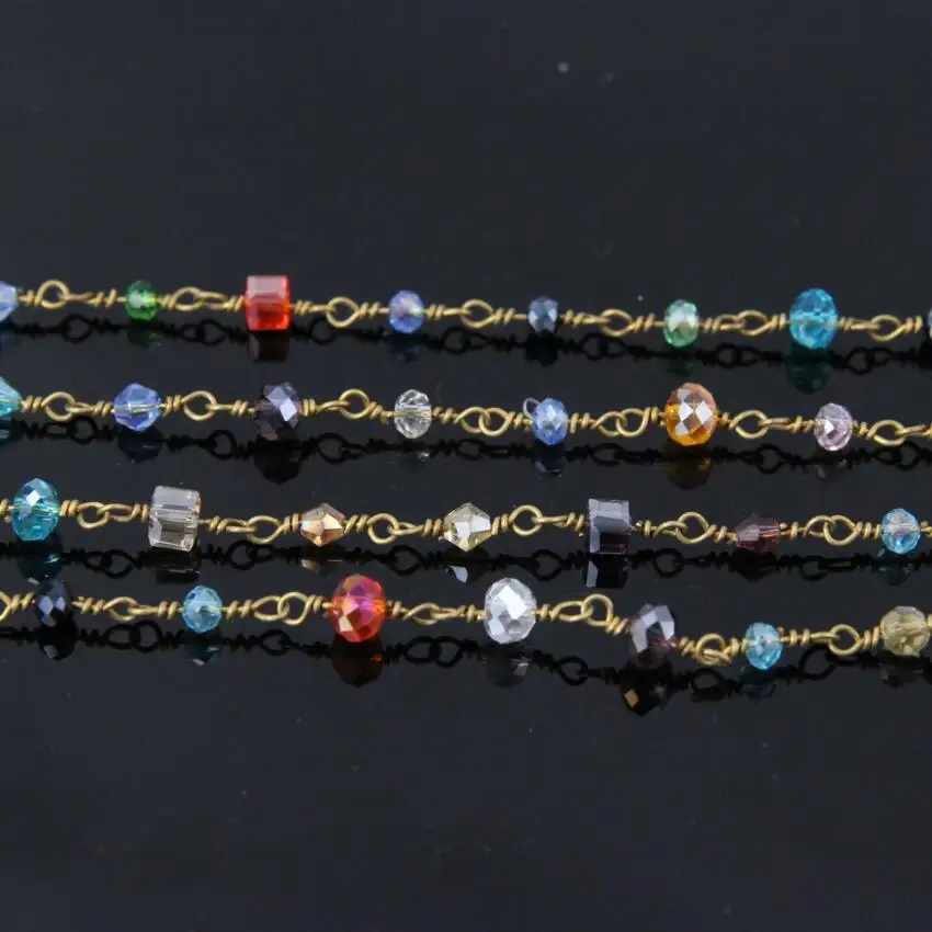 5Meter Mixed shape Glass Rondelle ChainsBrass Wire Wrapped Rosary Chain Multi-color Glass beads Charms Jewelry Jewelry Findings