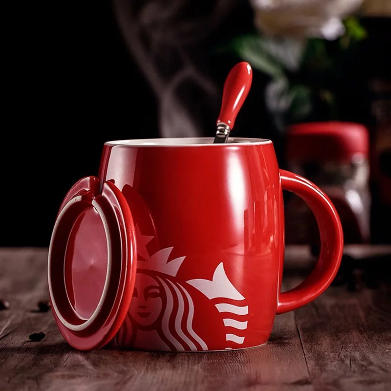 Фирменная керамическая кружка 420 мл Классическая Русалочка с узором кофейная чашка с крышками и ложкой из нержавеющей стали чашки для чая и молока новые подарки - Color: red