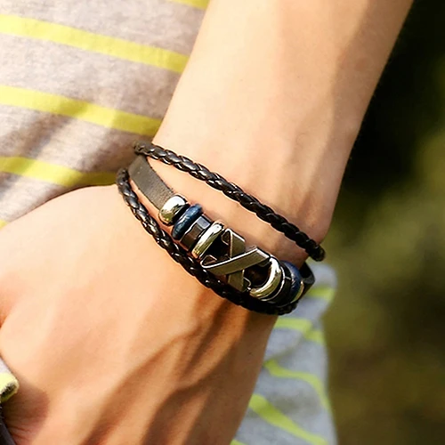 

Cool Men's Multi-Layer Braid Faux Leather Metal Beaded Wristband Jewelry