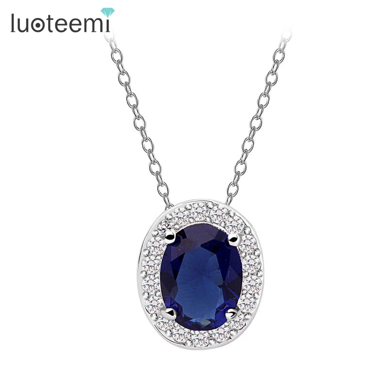 

LUOTEEMI Factory Wholesale New 3-Colors Lovely Egg Shape Cut Stone with Tiny CZ Surround Women Necklaces Pendants for Daily Wear
