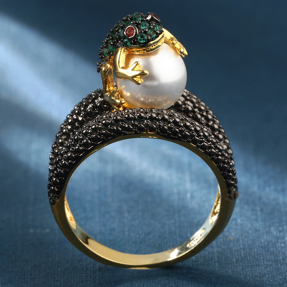 Цветные Кристальные безумные кольца с лягушкой для женщин, винтажные имитация жемчуга, золотой цвет, черный AAA CZ камень, животное, модное ювелирное изделие, кольца