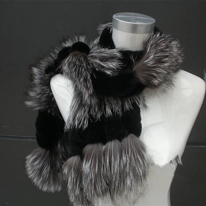 

Handmade Women Fashion Rex Rabbit Fur with Silver Fox Fur Scarves Lady Winter Warm Wraps