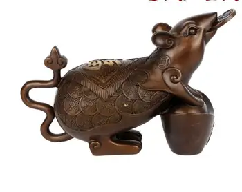 

7.6" China Zodiac Rat Mouse Coin Yuanbao Money Bronze Statue