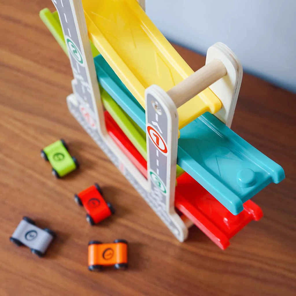 Wooden Click Clack Racetrack Ramp Racer Race Track Car Game Playset for Kids Children Boys Girls