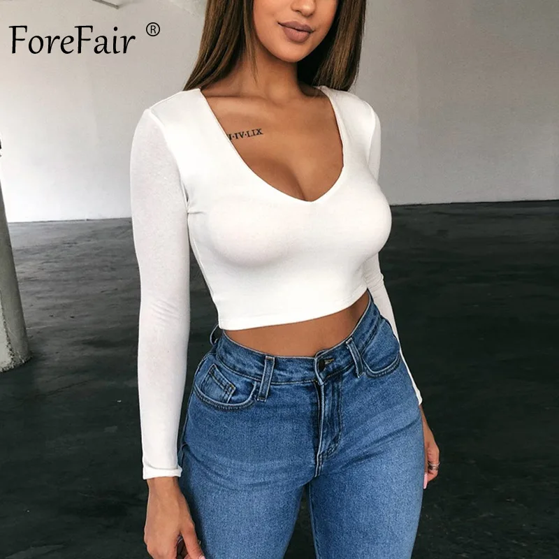 

Forefair V Neck Basic Crop Top for Women Autumn Winter 2019 Fashion Solid Clubwear Slim Short Black White Long Sleeve Shirts