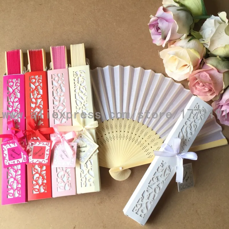 

Free shipping 50Sets/Lot Elegant Silk folding Fan with Luxury Laser-Cut Gift Box + Thank you Card + Ribbon for wedding favor