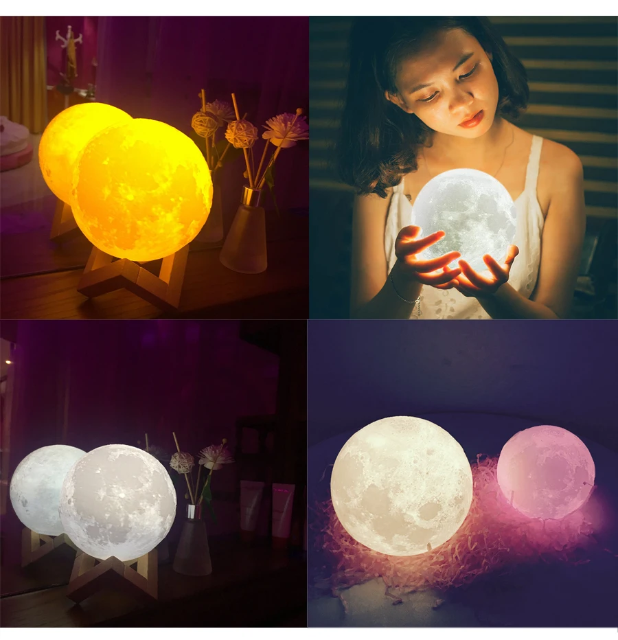 Круглый светодиодный Ночной светильник с 3D принтом, Лунная лампа, красочное изменение, USB Перезаряжаемый сенсорный выключатель, Luna Moon, светильник, креативное украшение дома