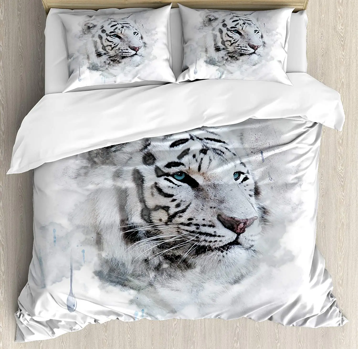 

Animal Duvet Cover Set King Size Artistic Portrait of a Tiger Wild Nature Predator Watercolor Splashes Bedding Set