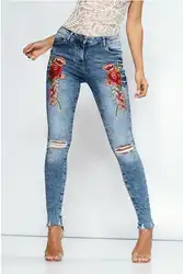 Цветочная вышивка джинсы женские Высокая талия птицы на молнии Прямые джинсы 2017, женская обувь карман синие брюки джинсы