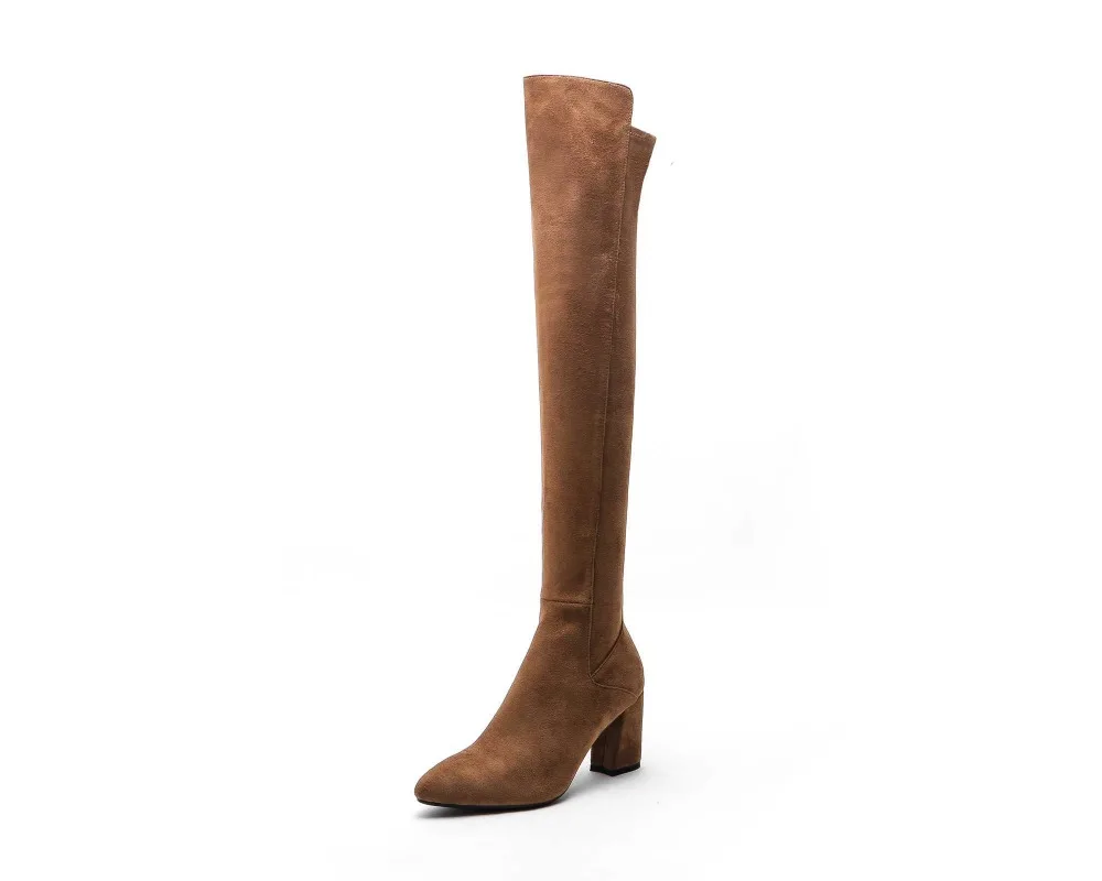 L32 High khaki Street Carrés Pointu ardoisé Solides Noir Populaire light Haute Lenkisen Mince Bout Bottes Fashion Zipper Streetwear Chaussures Cuissardes Talons Brown 2DE9HWI