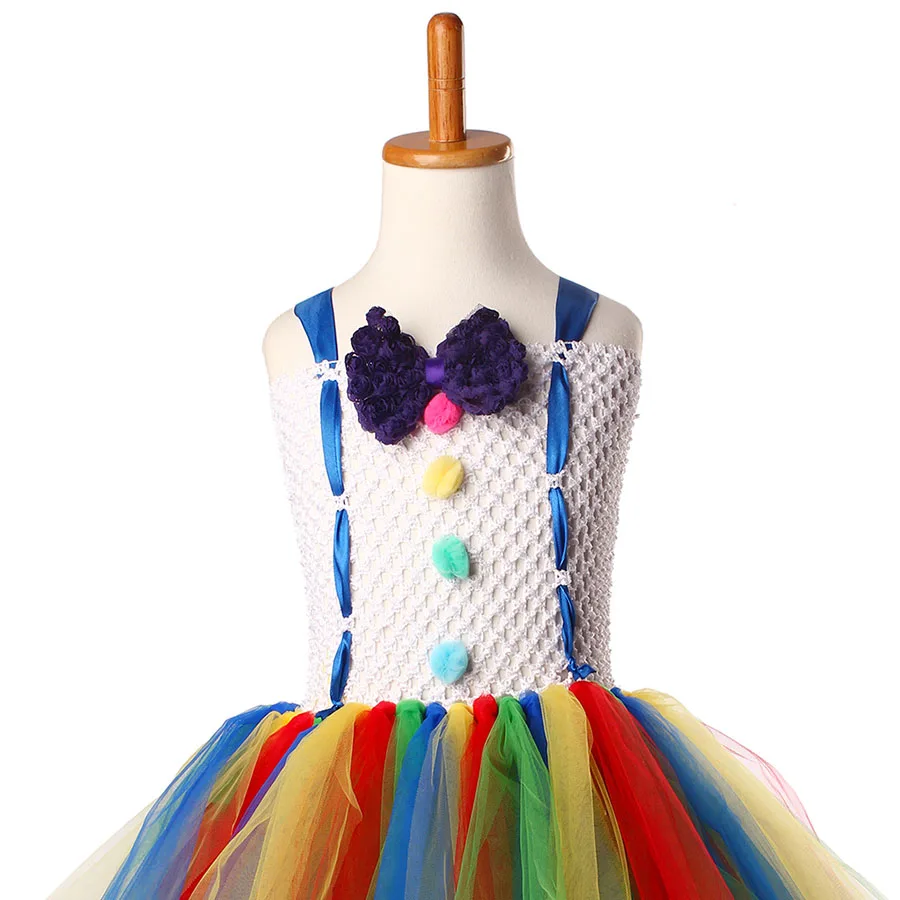 Girls Circus Fancy Clown Tutu Dress with Bow Children Handmade Rainbow Tulle (13)