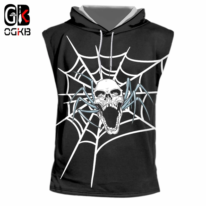 

OGKB 3D Printed Man Vest Spider Web And Skulls Trend Personality Casual Hip Hop Halloween Men's Hooded Tank Top