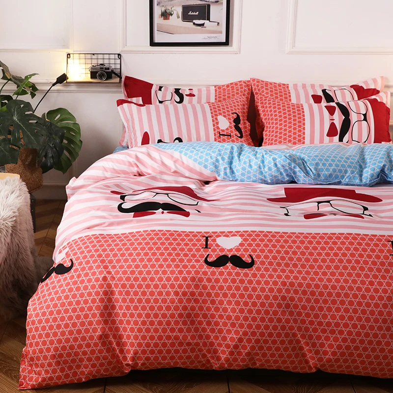 

Cartoon Red Mustache Pattern Bedding Sets Full King Twin Queen Size 4Pcs Bed Sheet Duvet Cover Set Pillowcase Without Comforter