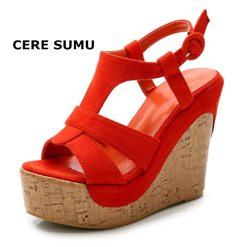 

2018 Summer Sandals Women 13CM Super High Heels Platform Wedges Shoes Buckle Ankle Wrap Flock Peep Open Toe Ladies Shoes Women