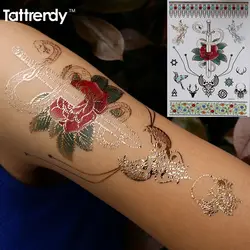 Тела Книги по искусству Временные татуировки золото вспыш металлик поддельные татуировки, плечо Стикеры Для женщин цветок и меч птицы