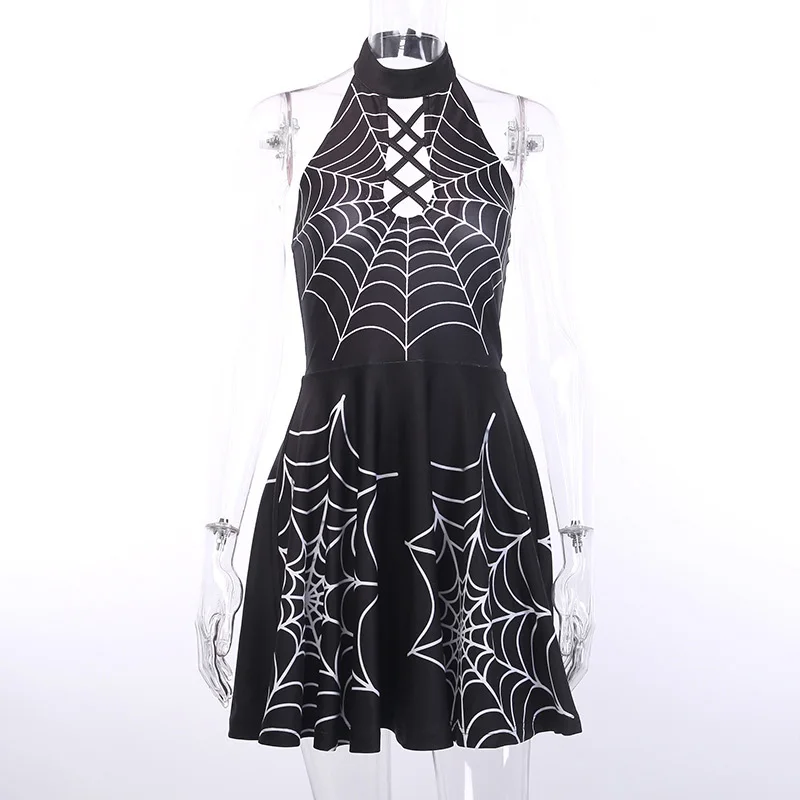Женское платье Goth Dark, с вырезами и перекрестными лентами, с принтом в готическом стиле, сексуальное платье с воротником хомутиком и открытой спиной - Цвет: black