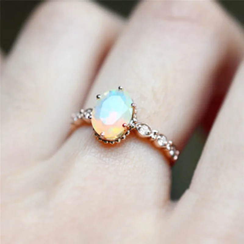 GS Rainbow Fire Mystic Crystal Zircon Lady Rings Jewelry Best Gift For Women White Opal Crystal Stainless Steel Wedding Ring R5
